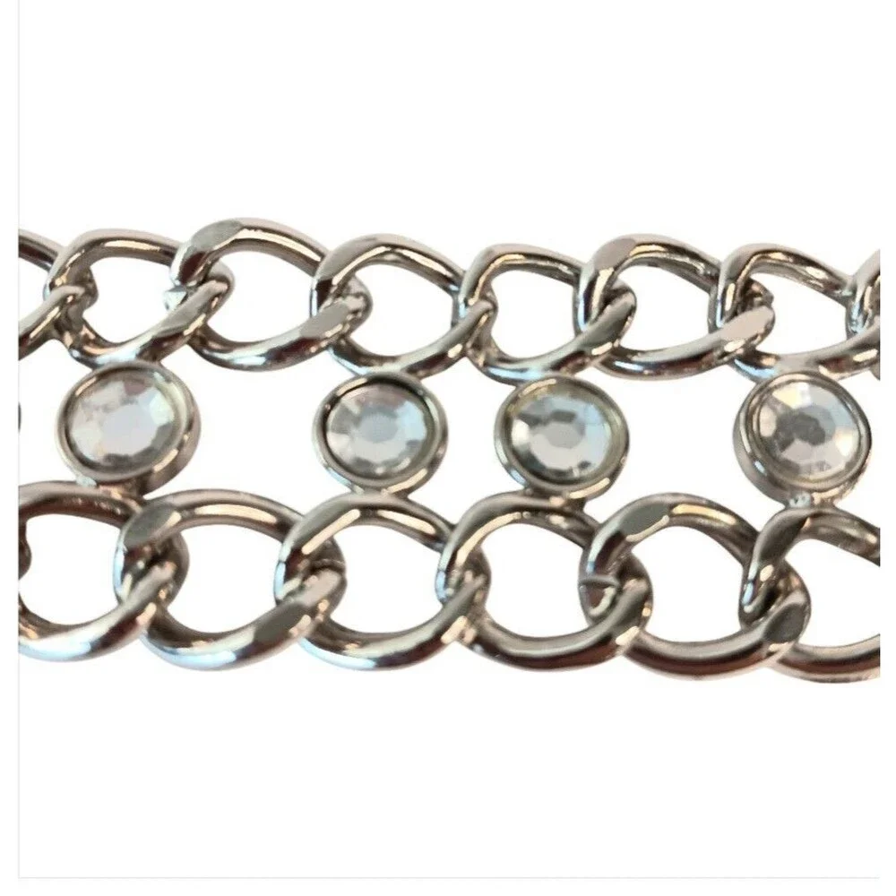 Silver Metal & Rhinestone Chain Link Belt  Adjustable Size Medium 38